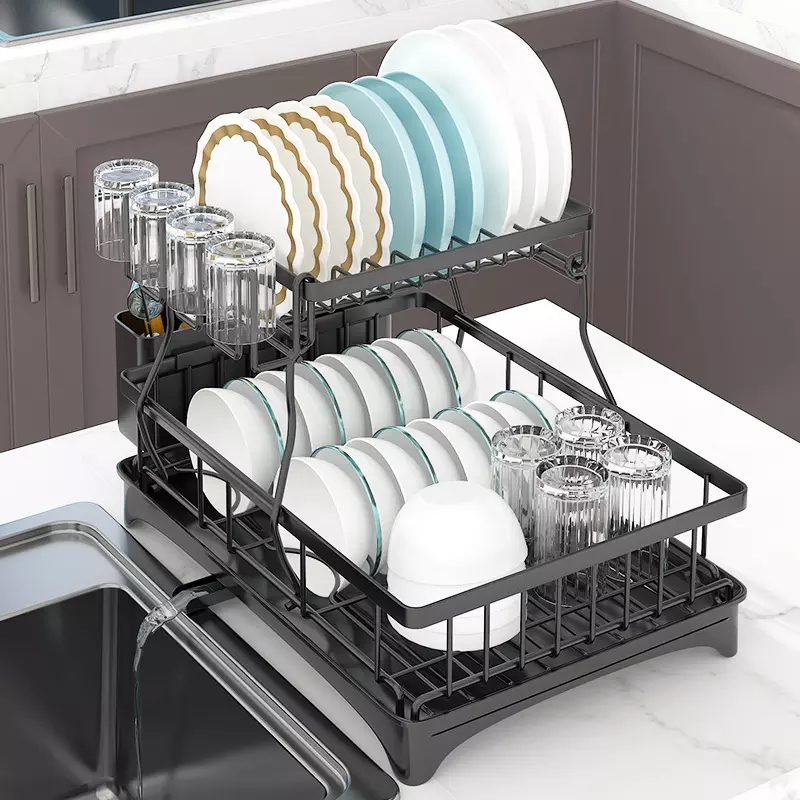 Storage Dish Plate Drain Rack Kitchen Bowl Dryer Drying  Alloy Dish With Tray Racks Dishes Shelf Drainage Rack