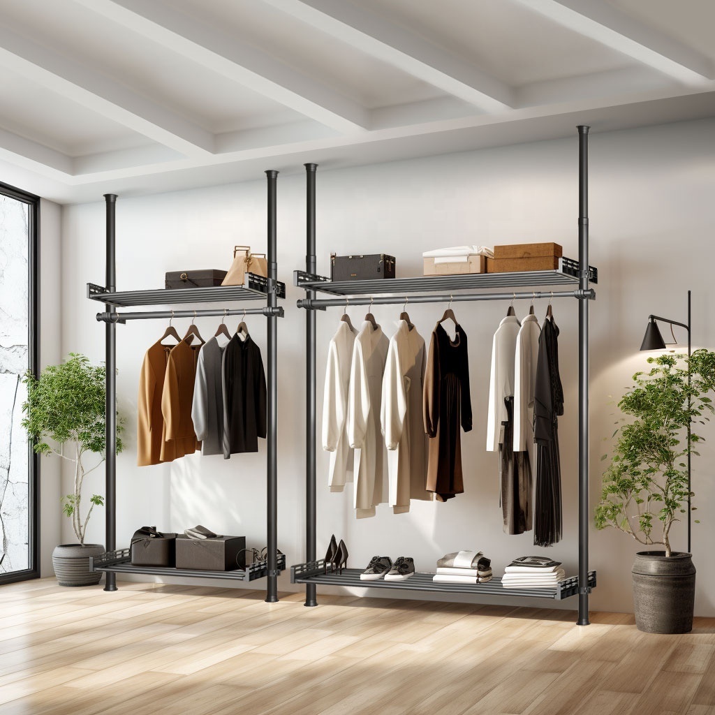 Black Custom Metal Closet System Organization Luxury Boutique Free Combination Modern Wardrobe Pole System