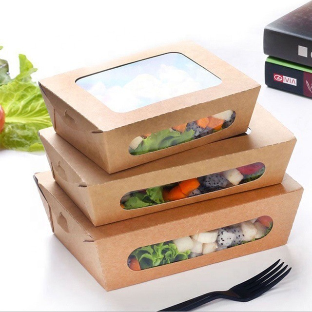 Eco-friendly Disposable kraft Paper Food box  Packaging Container  Take Away Salad Box  with PET window