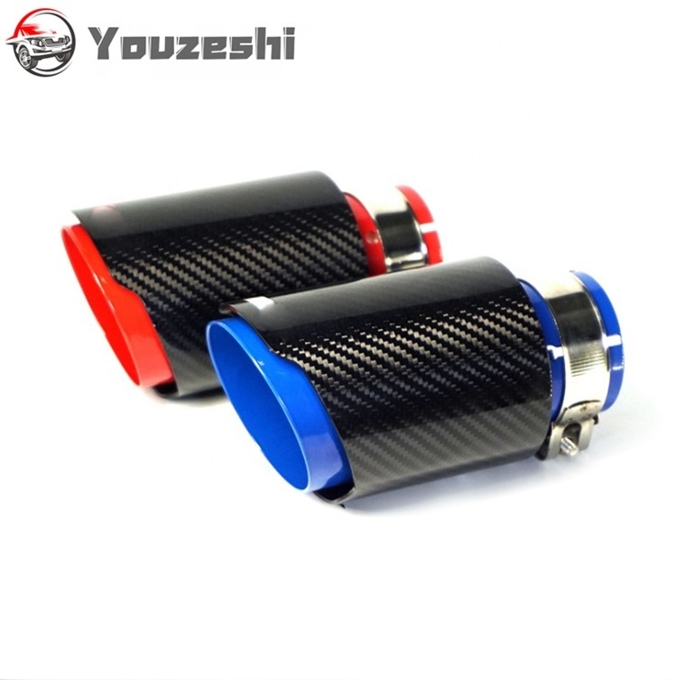 63mm Glossy Carbon Fiber Red Blue Stainless Steel Car Exhaust Tail Pipe Tips Muffler