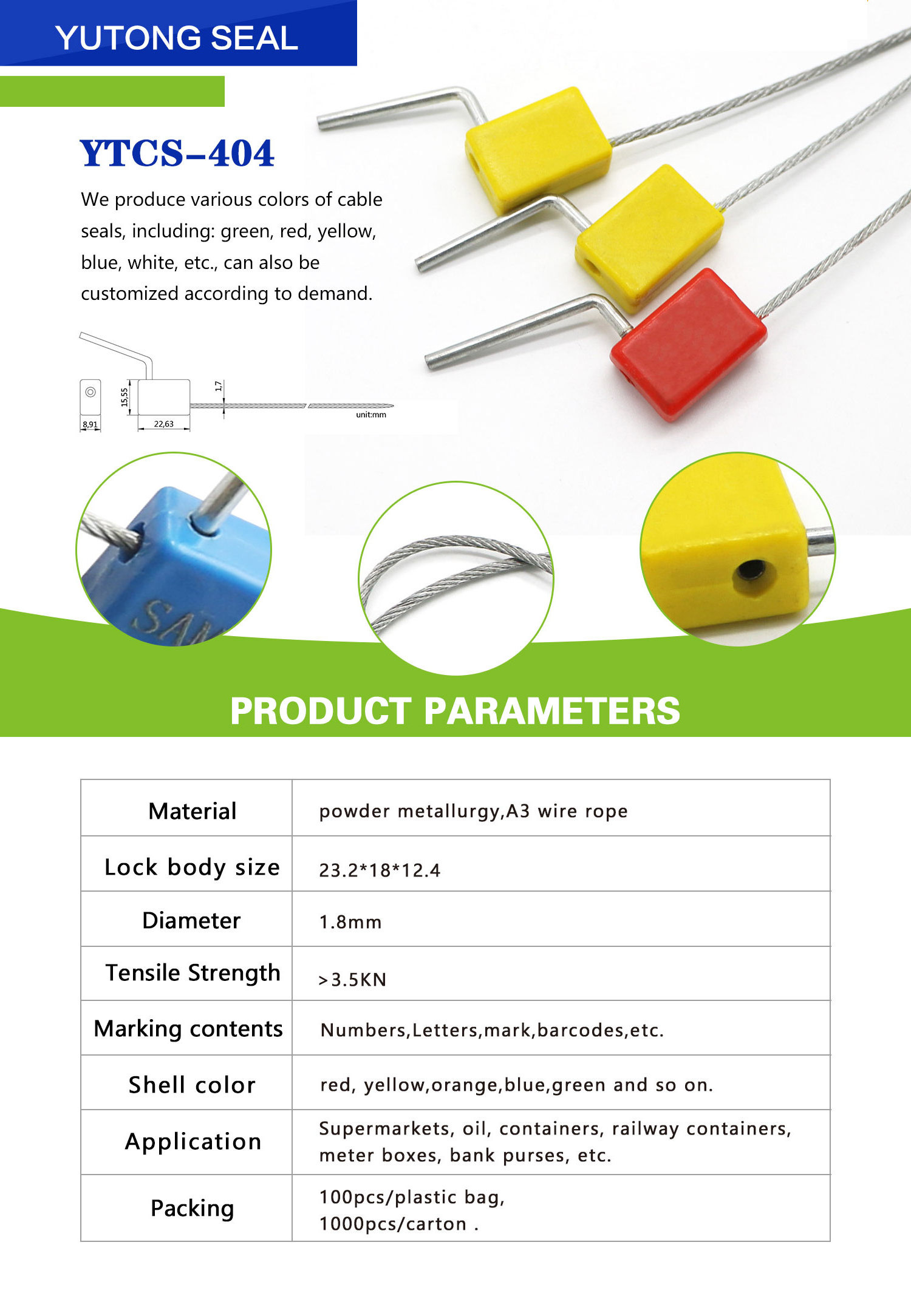 YTCS404 plastic coated 1.8mm adjustable cable seal with mechanical cable seal cutter