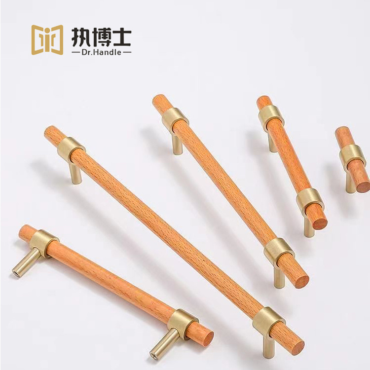 New Design Solid Wood and Brass Hard Furniture Kitchen Door Pull Handle Teak Yellow Gold Knob Cabinet Handles T Bar