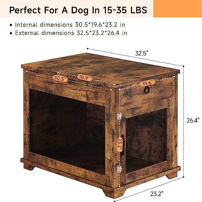 32 inches Rustic Brown Indoor House furniture style dog crate woodwith Hiding wooden dog crate