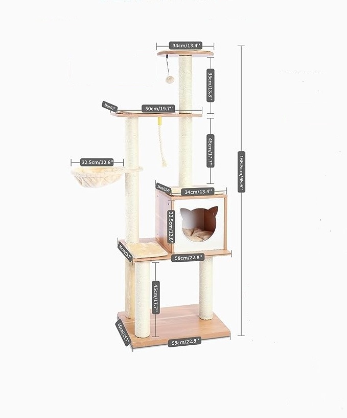 Modern Large Cats Climbing Multi-Level Tall Cat Tower Tree House With Hammock For Kitten Play Real Wood Cat Tree