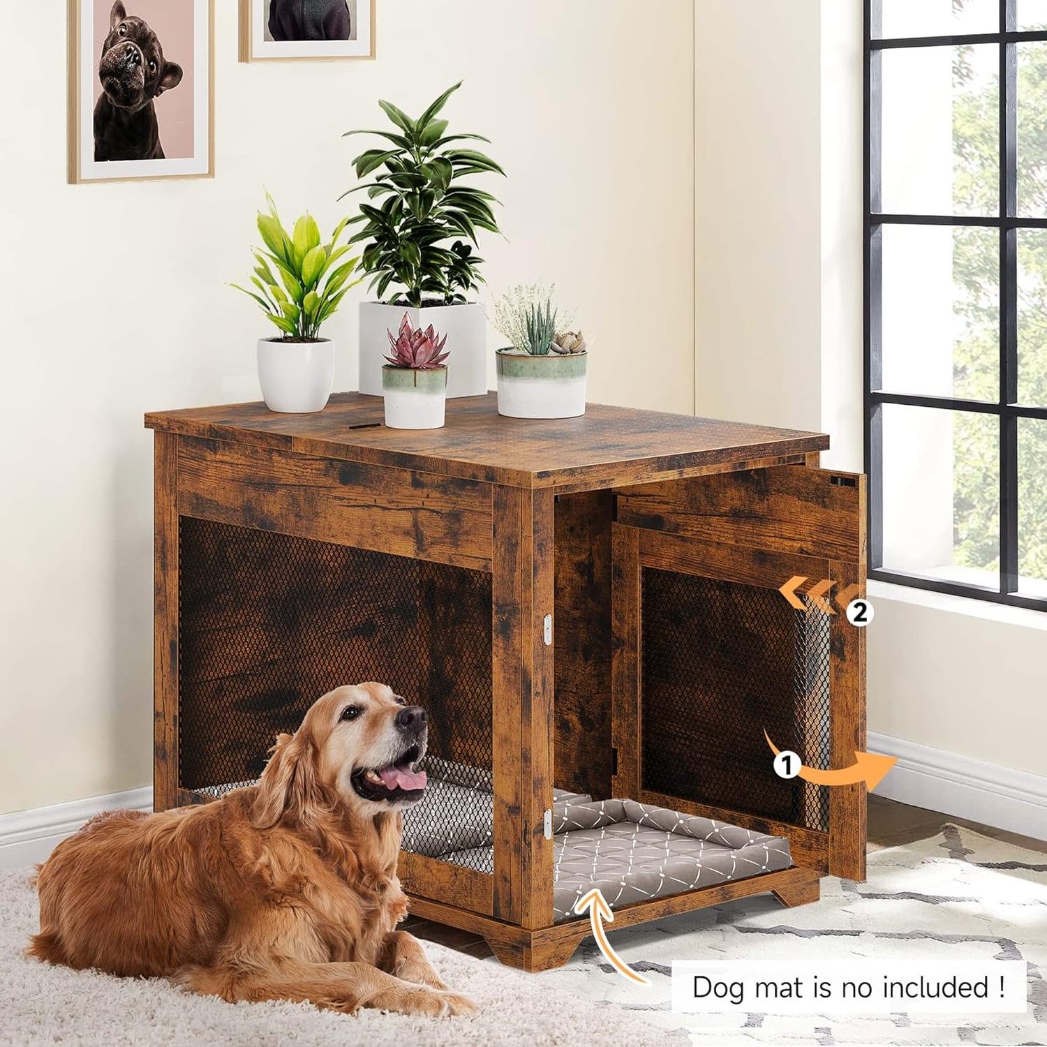 Customized 32 inches rown large dog crate Furniture wood Style with Flip Top Pocket Hiding Door dog crate furniture wood