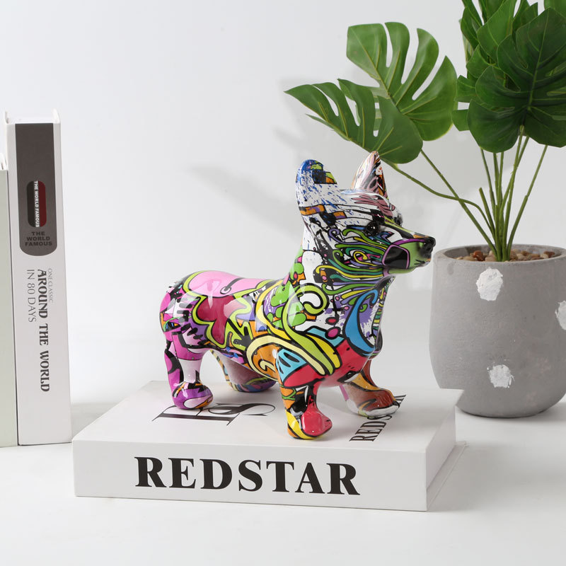 Customization Home Decorations Water Transfer Graffiti Resin  Animals Corgi Dog Statue