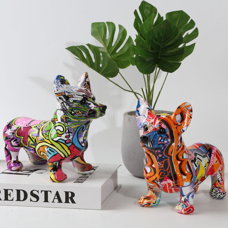 Customization Home Decorations Water Transfer Graffiti Resin  Animals Corgi Dog Statue