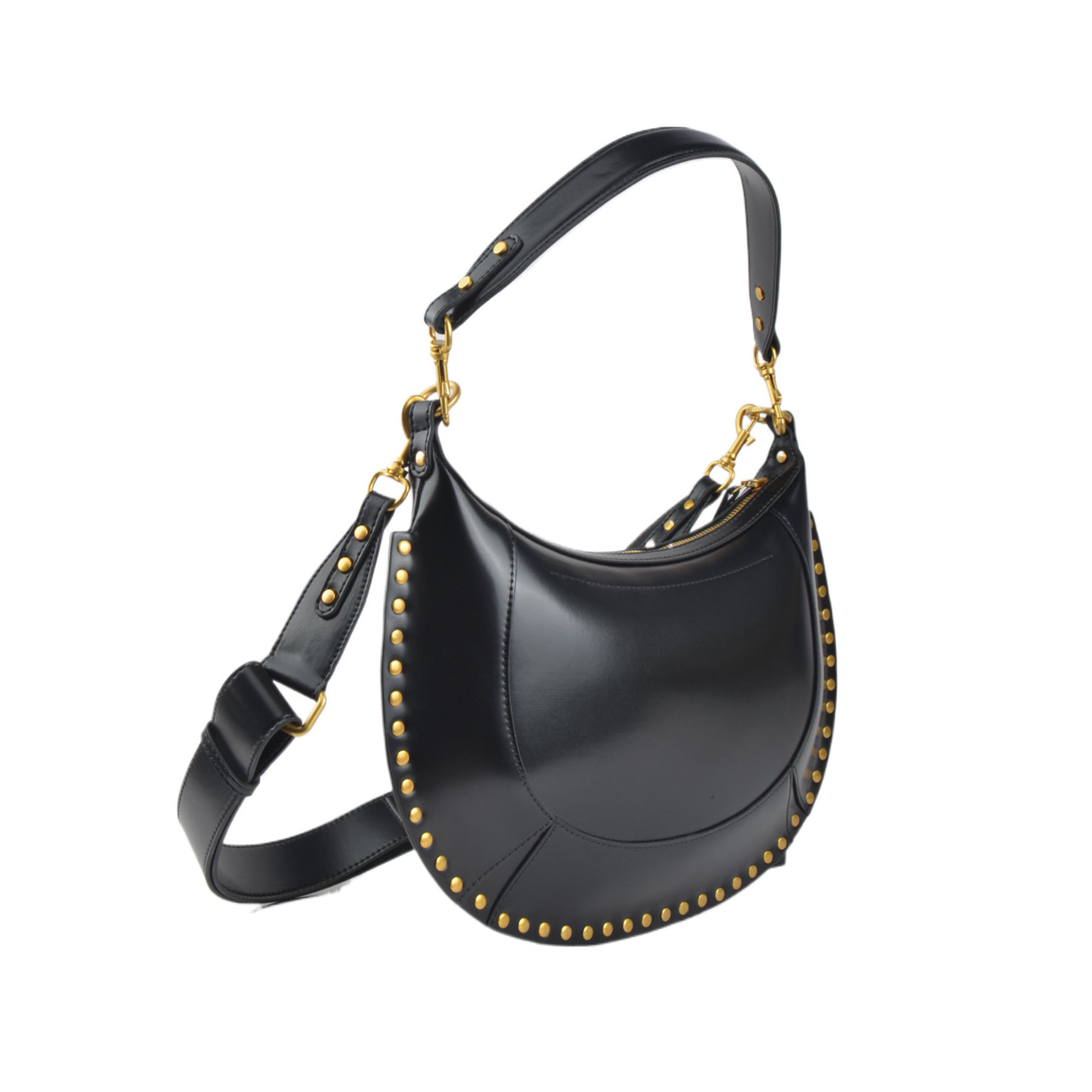 Moon Handbag with Single Strap Frame Shape Zipper Closure and Nylon Lining featuring Rivets Decoration