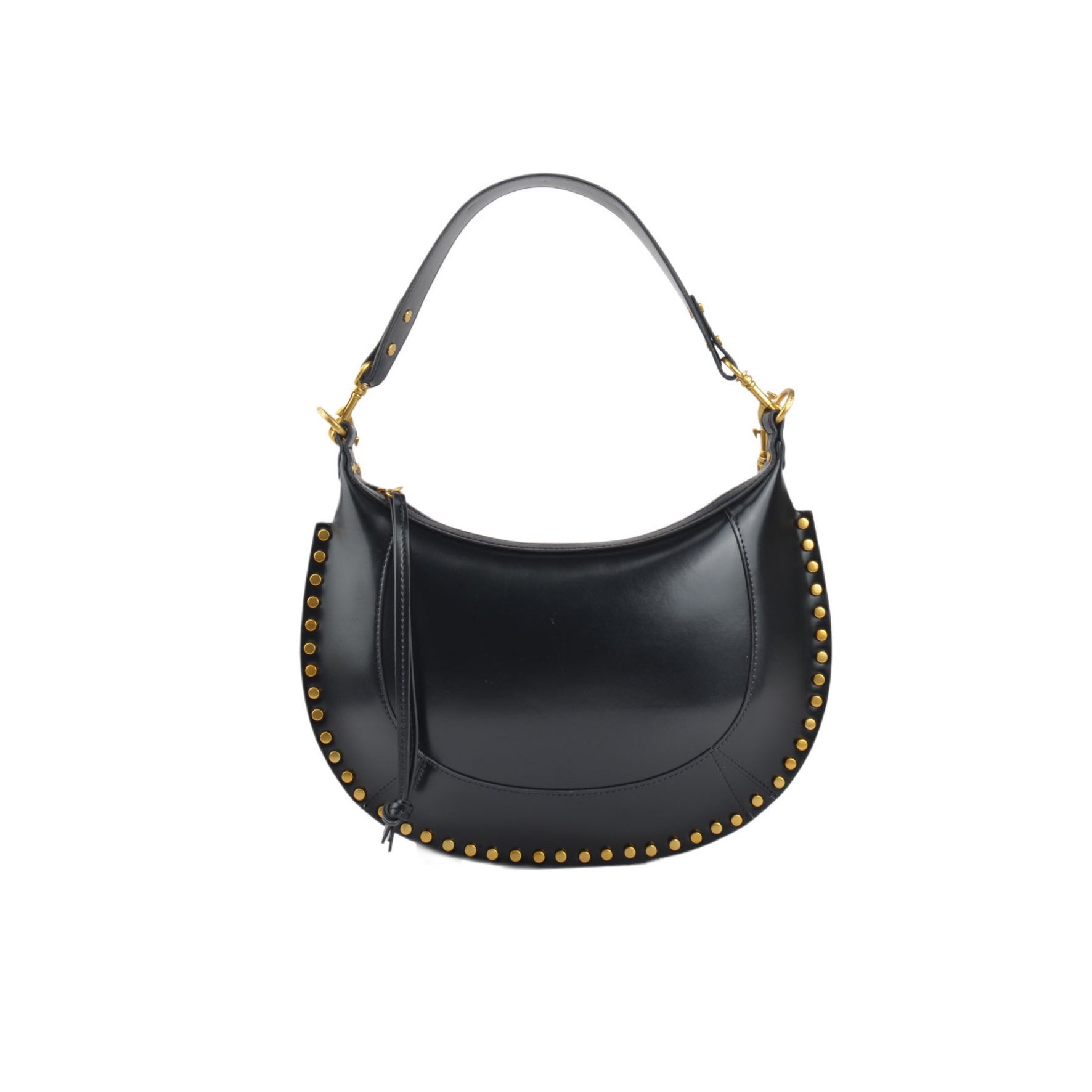 Moon Handbag with Single Strap Frame Shape Zipper Closure and Nylon Lining featuring Rivets Decoration