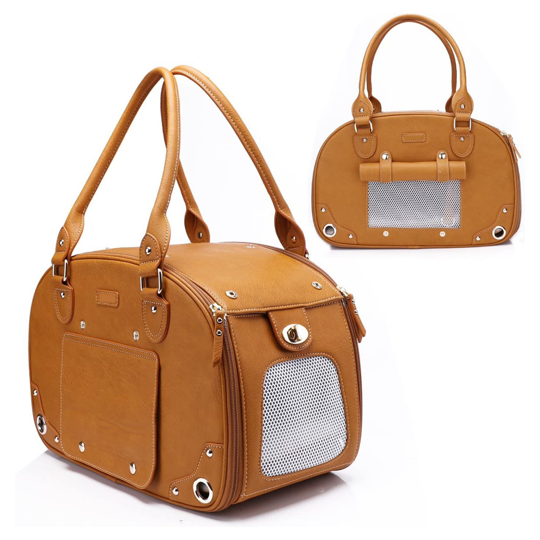 Waterproof Premium Leather Pet Travel Portable Bag Carrier for Cat and Small Dog Home & Outdoor Small Brown