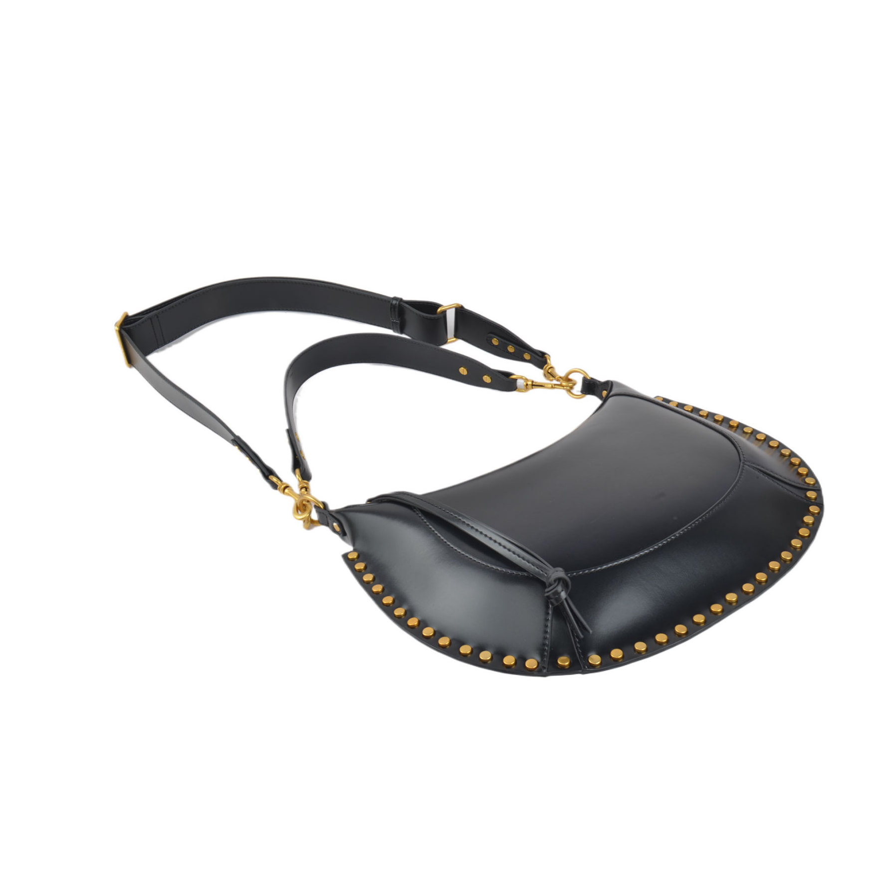 Moon Handbag with Single Strap Frame Shape Zipper Closure and Nylon Lining featuring Rivets Decoration