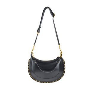 Moon Handbag with Single Strap Frame Shape Zipper Closure and Nylon Lining featuring Rivets Decoration