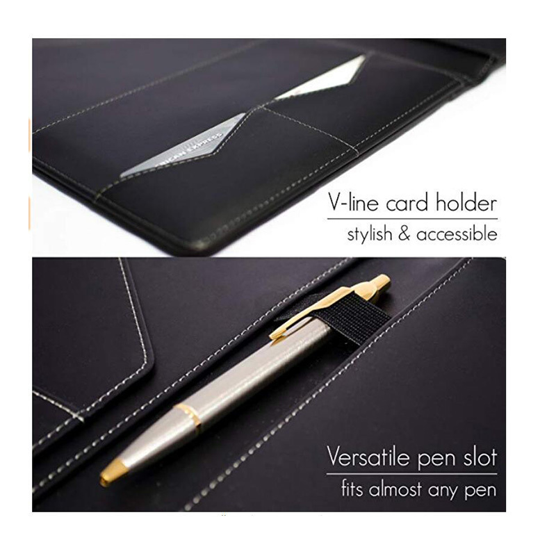 PU folder A4 Zippered Black PU Leather Conference Document Holder Organizer Portfolio With Notepad