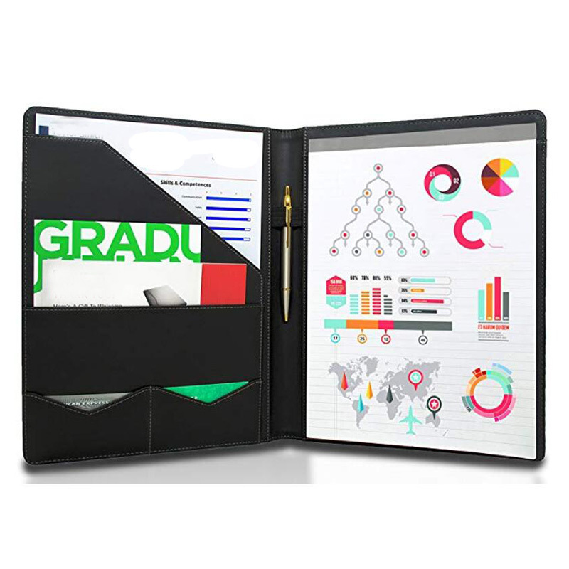 PU folder A4 Zippered Black PU Leather Conference Document Holder Organizer Portfolio With Notepad