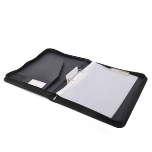 Black A4 RPET PU Leather 2 Ring Binder Document Folder with Card Holder A4 File Zipper Holder Portfolio with Clipboard and Memo