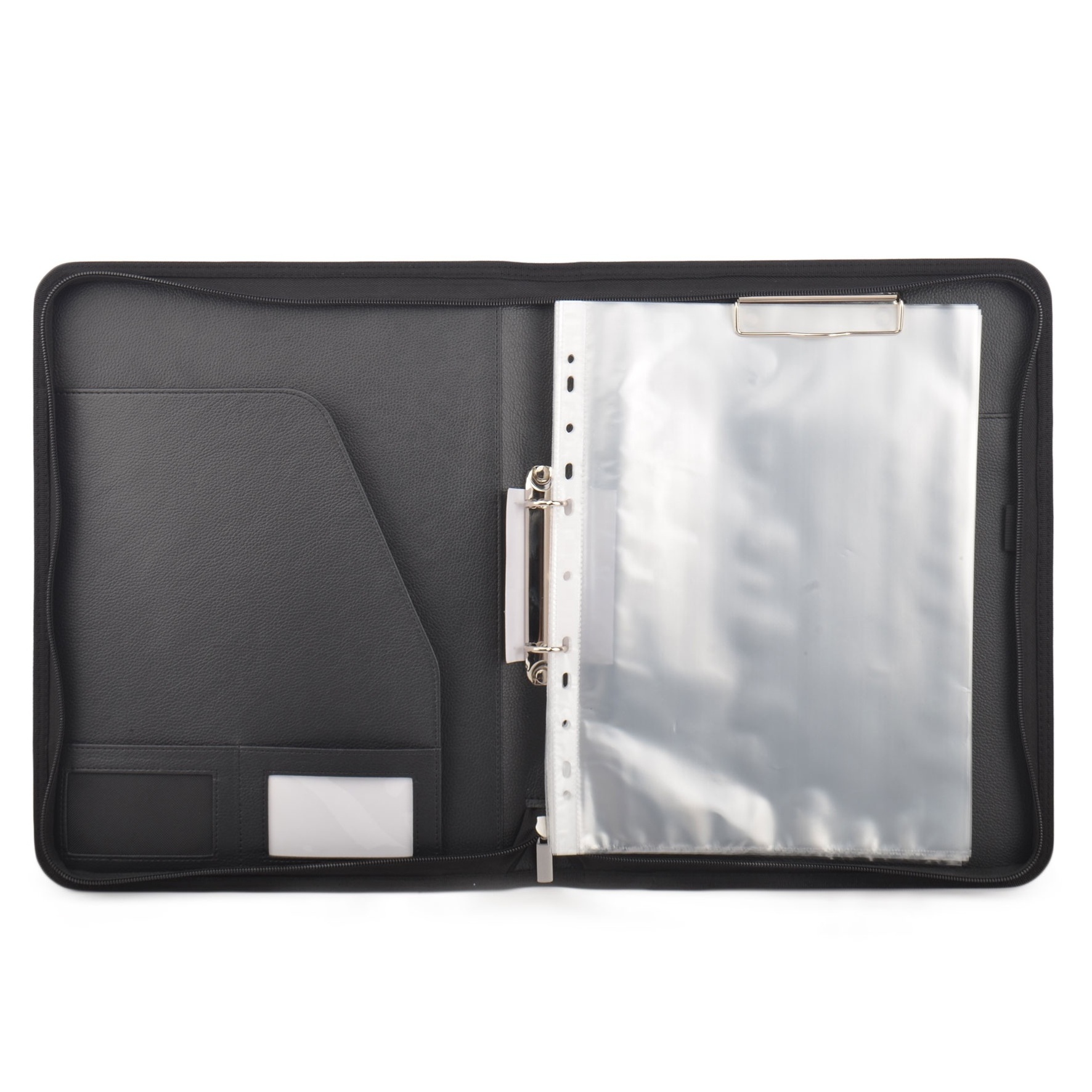 Black A4 RPET PU Leather 2 Ring Binder Document Folder with Card Holder A4 File Zipper Holder Portfolio with Clipboard and Memo