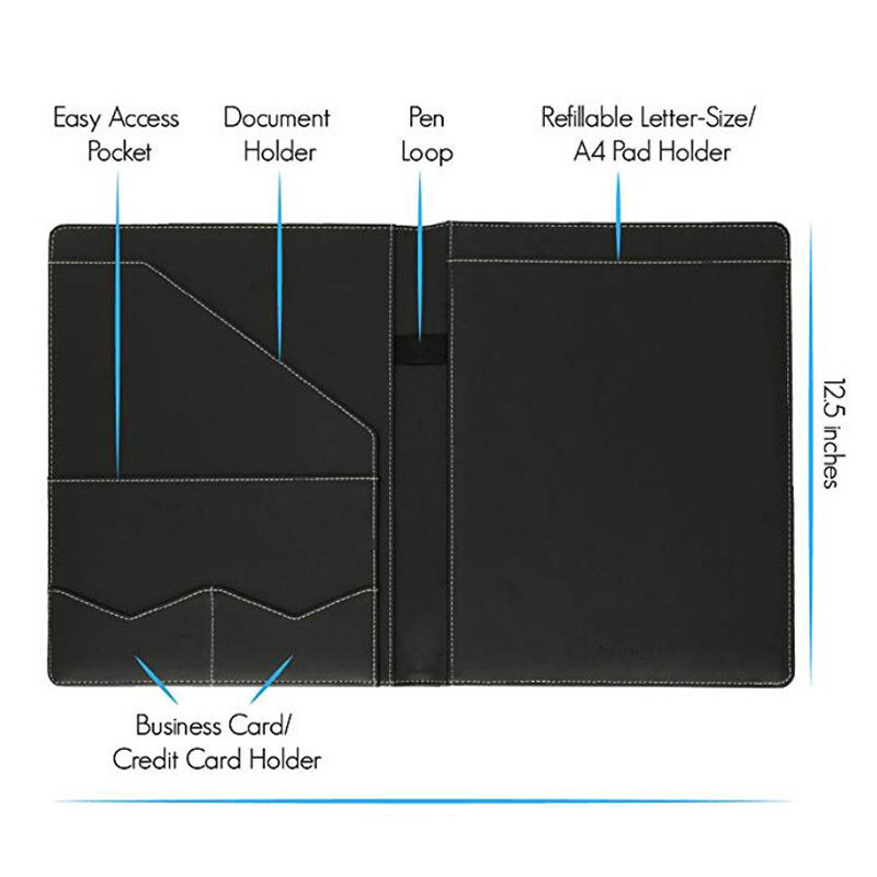 PU folder A4 Zippered Black PU Leather Conference Document Holder Organizer Portfolio With Notepad