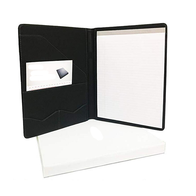 PU folder A4 Zippered Black PU Leather Conference Document Holder Organizer Portfolio With Notepad