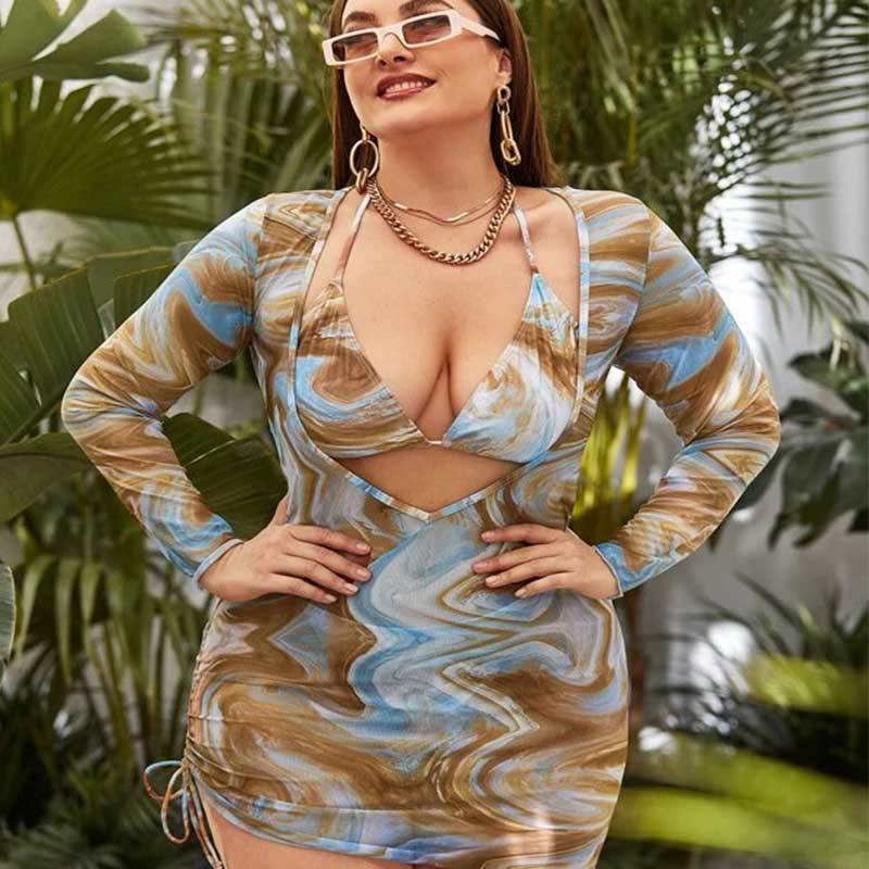 Fashion Women 3 Piece Beachwear Sexy Triangle Bikinis Set Plus Size Swimwear With Coverup