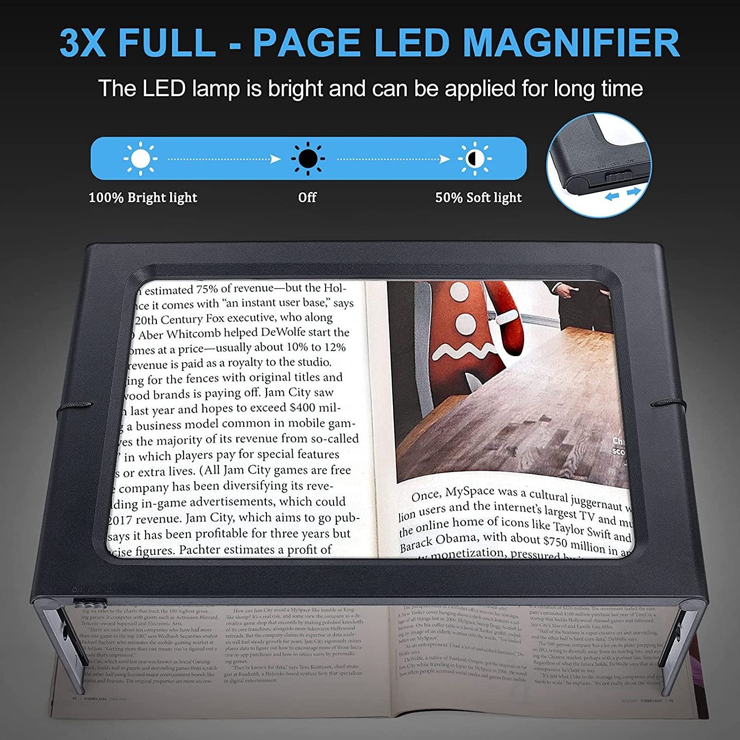 Foldable Desktop 3X Large Full Page Magnifying Glass Hands Free A4 Rectangular Reading Magnifier with LED Lights