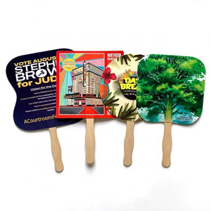 Double Sided Full Color Printing Eco-friendly Wooden Handle Paper Paddle Hand Held Fan