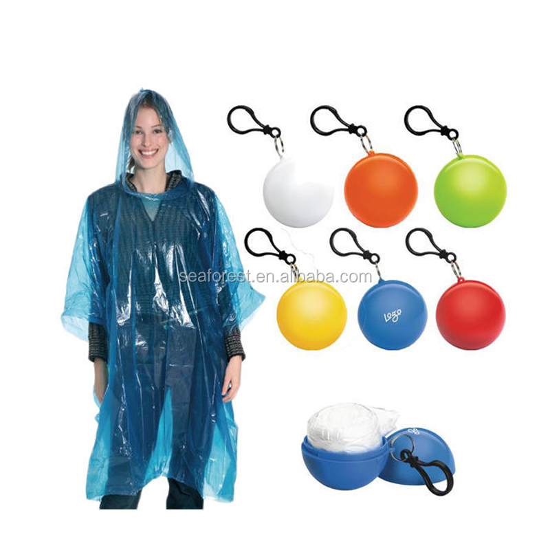 PE transparent rain poncho with a plastic ball,disposable hooded rainware,one time use waterproof raincoat