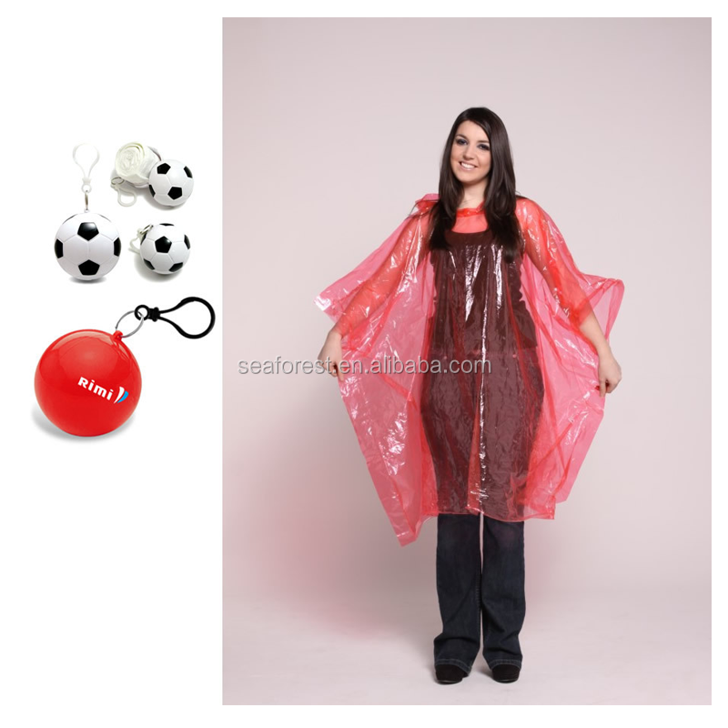 PE transparent rain poncho with a plastic ball,disposable hooded rainware,one time use waterproof raincoat