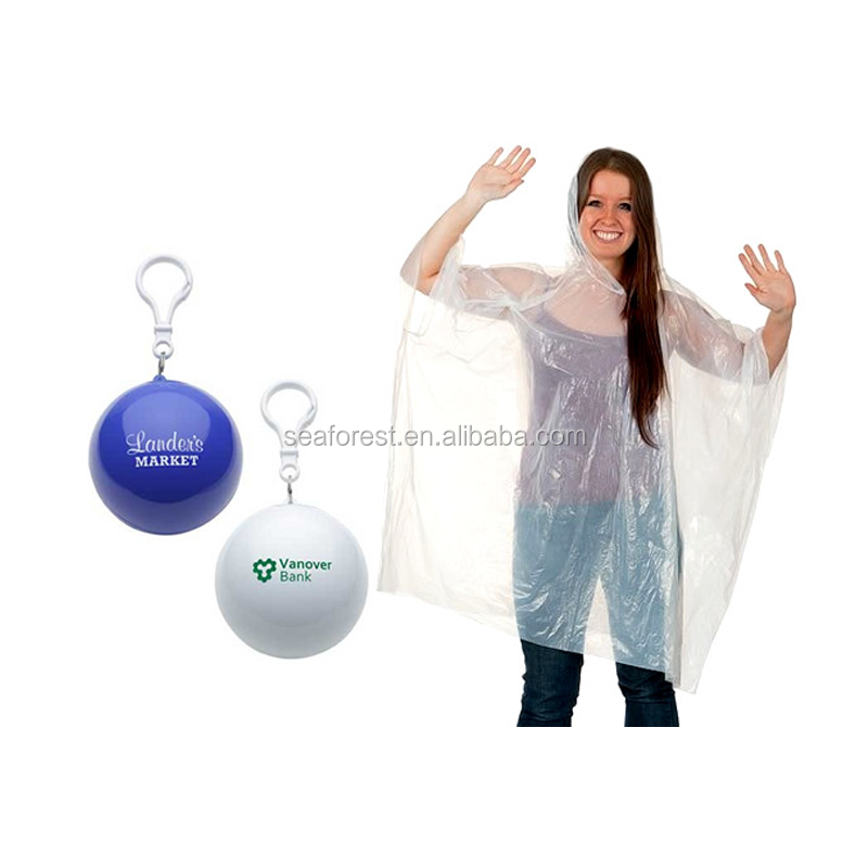 PE transparent rain poncho with a plastic ball,disposable hooded rainware,one time use waterproof raincoat