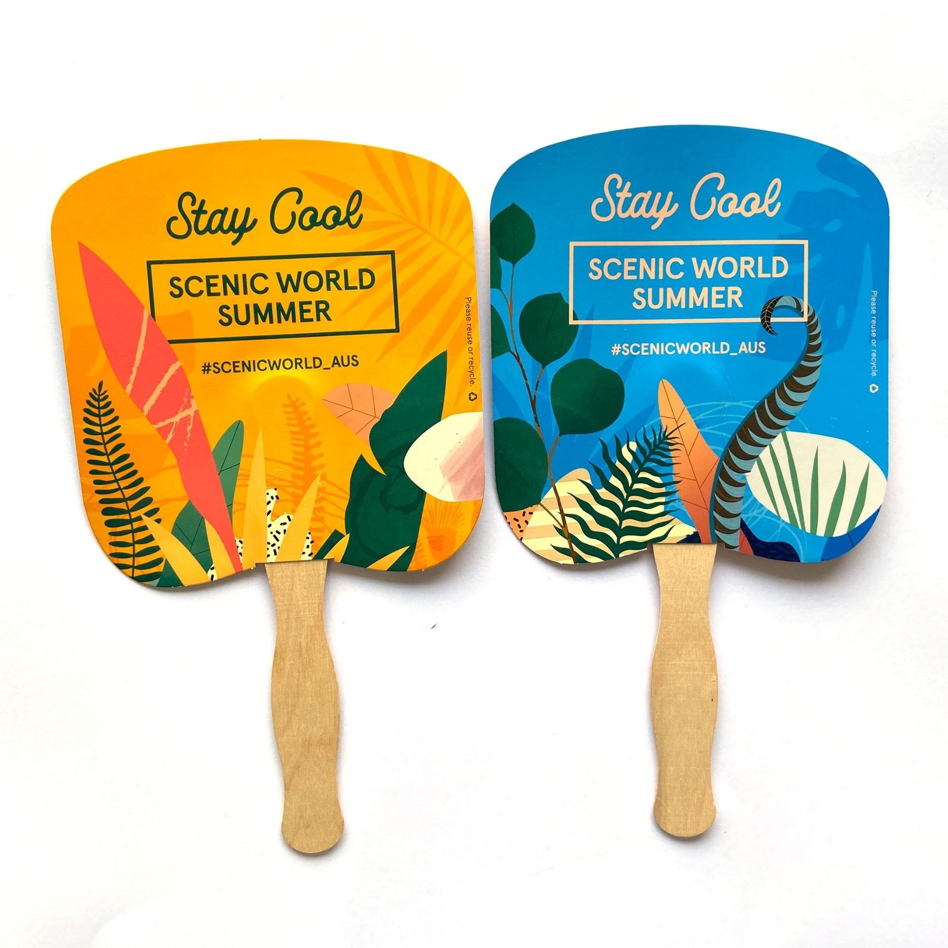 Double Sided Full Color Printing Eco-friendly Wooden Handle Paper Paddle Hand Held Fan