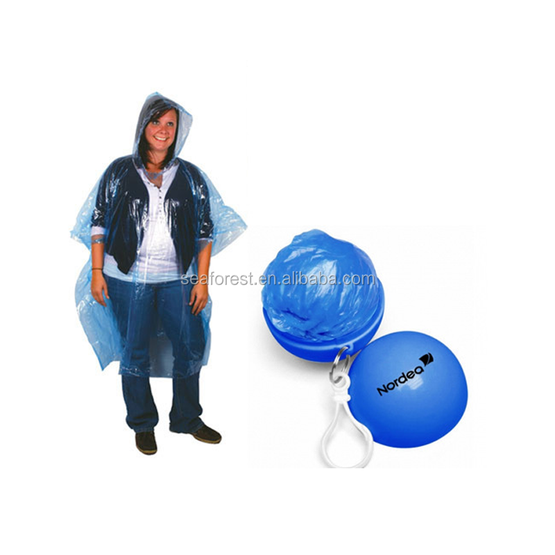 PE transparent rain poncho with a plastic ball,disposable hooded rainware,one time use waterproof raincoat