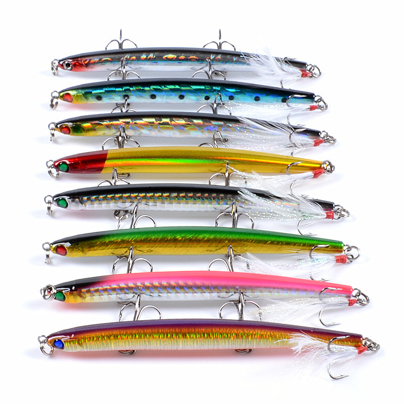 New 11.7cm 11.8g Hard Plastic Fishing Lure Feather Treble Hook Sinking Fishing Pencil Stick