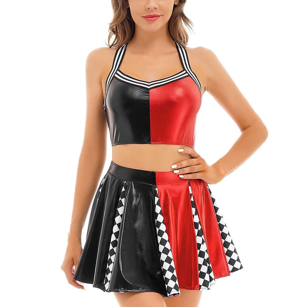 Red & Black Color Cheerleader Uniforms Professional Dancing Wear Two Piece Sets Polyester Dancing Suits For Girls