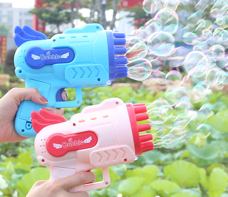 blue and pink Automatic Electric Bubble Gun Toy Mini 12 Holes Bubble Gun With Lights Kid Portable Handheld Gatling