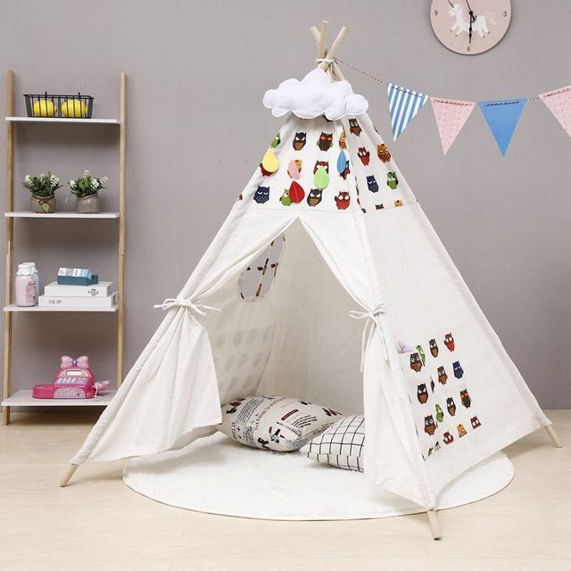 Baby Tents Portable Foldable Game Teepee Cartoon Cute Indian Children's Tent Outdoor Kids Play House Canvas Cotton Triangle Tipi