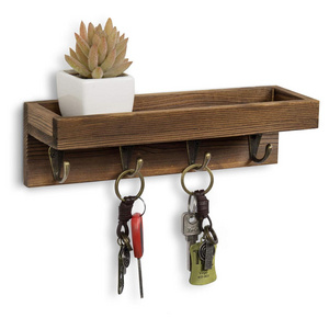 Floating Wall Shelf with Hooks, Dark Brown Wood Entryway Storage Shelf with 4 Metal Key Hooks