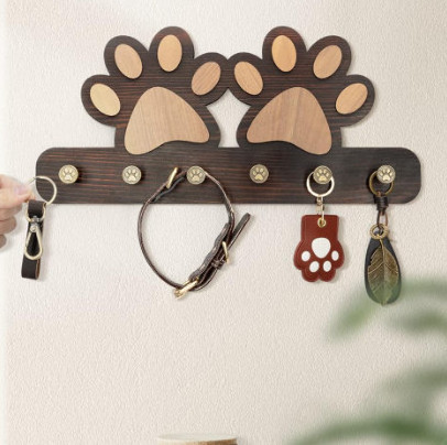 Rustic Wooden Wall Mount Dog Leash Shelf Key Hanger Dog Paw Leash Holders With 5 Hooks