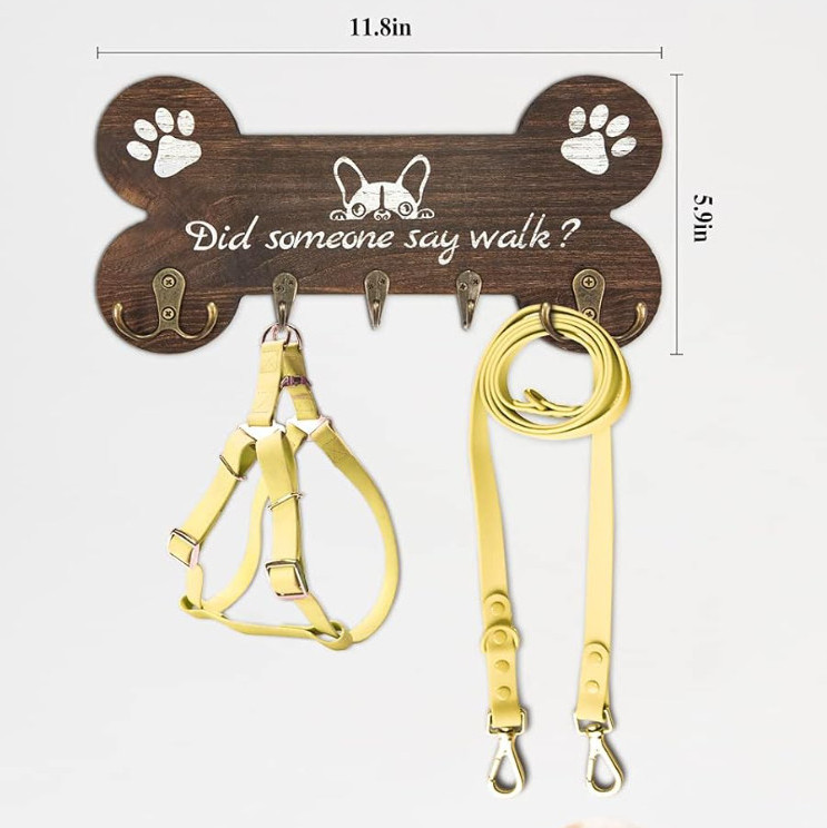 Decorative Farmhouse Bone Shape Brown Wood Dog Leash Shelf And Key Holder For Wall