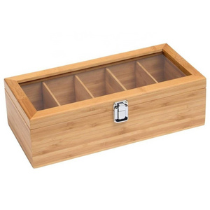 Wood Bamboo 5 Compartments Tea Bag Storage Organizer Wooden Organizer Box with Transparent Lid