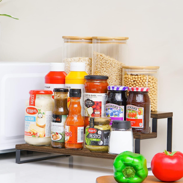 Rustic Brown Kitchen Pantry Cabinet Organizer 3-Tier Metal Frame Spice Rack Wood Step Shelf