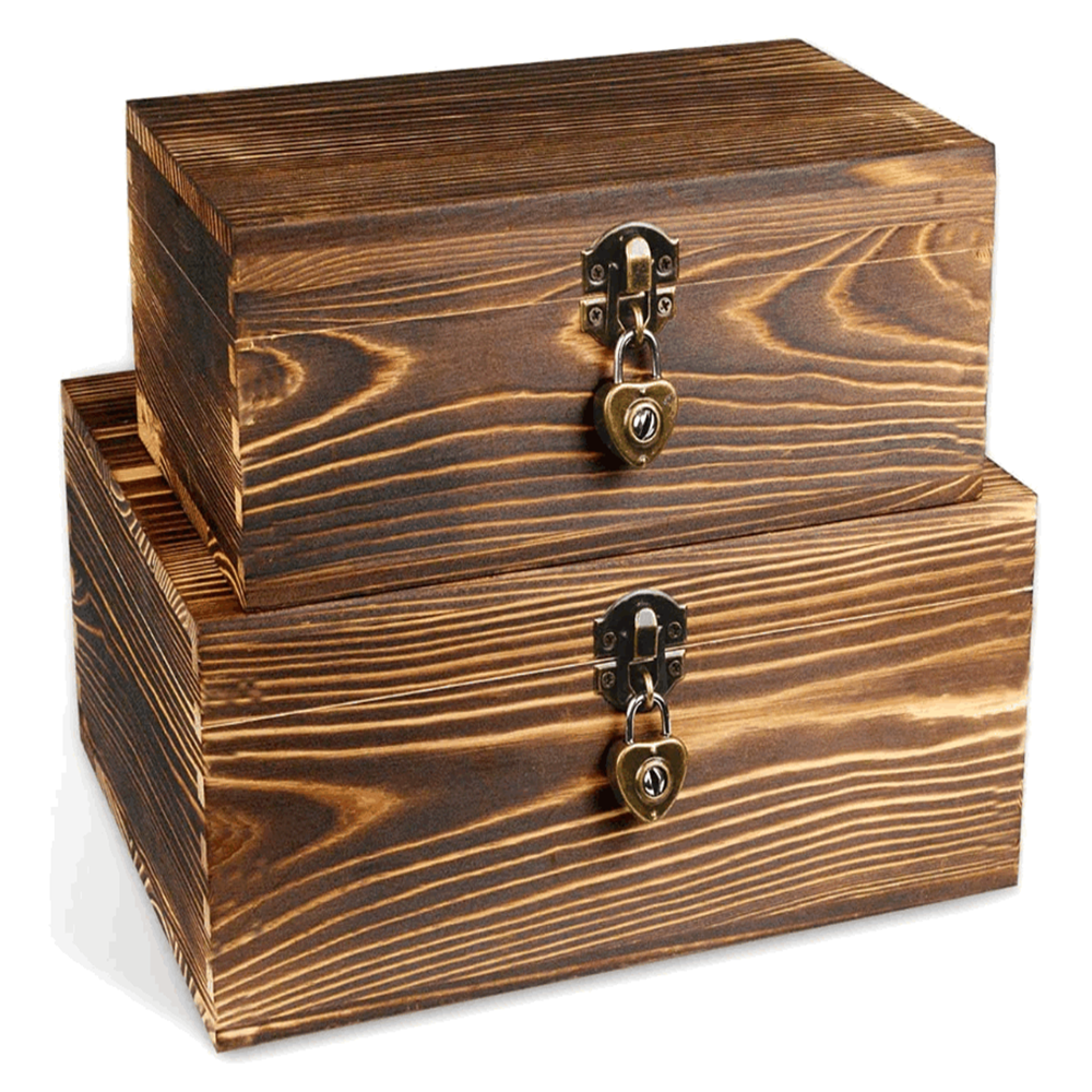 Set of 2 Wooden Jewelry Box Organizer Decorative Treasure Chest Trinkets Storage Case Wood Boxes with Hinged Lid & Latch Lock