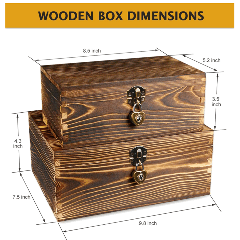 Set of 2 Wooden Jewelry Box Organizer Decorative Treasure Chest Trinkets Storage Case Wood Boxes with Hinged Lid & Latch Lock