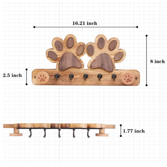 Farmhouse Paw Shape Wood Dog Leash Shelf  Dog Leash Holder For Wall