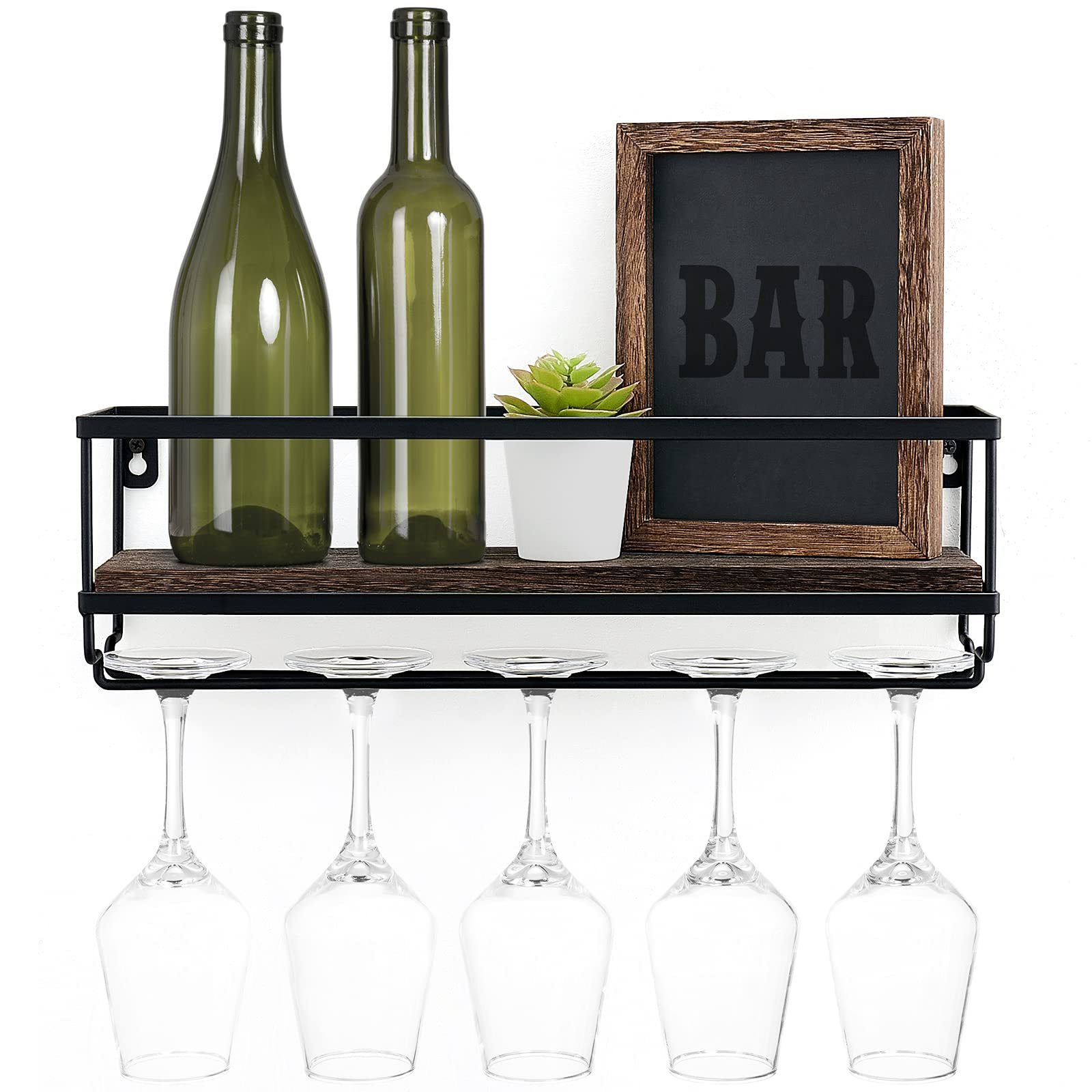 Wall Mounted Wine Rack Bottle & Glass Holder Kitchenware Wood Rustic Floating Racks with Stemware Hanger