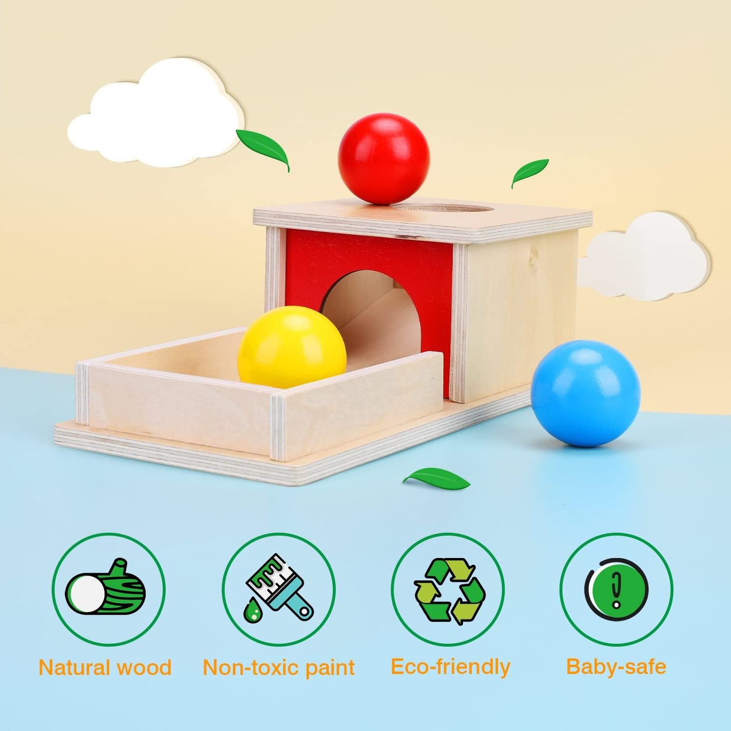 Object Permanence Box with Tray and 3 Balls Montesorri Toys 6-12 Months Ball Drop Toy Box Wooden Baby Montessori Toys