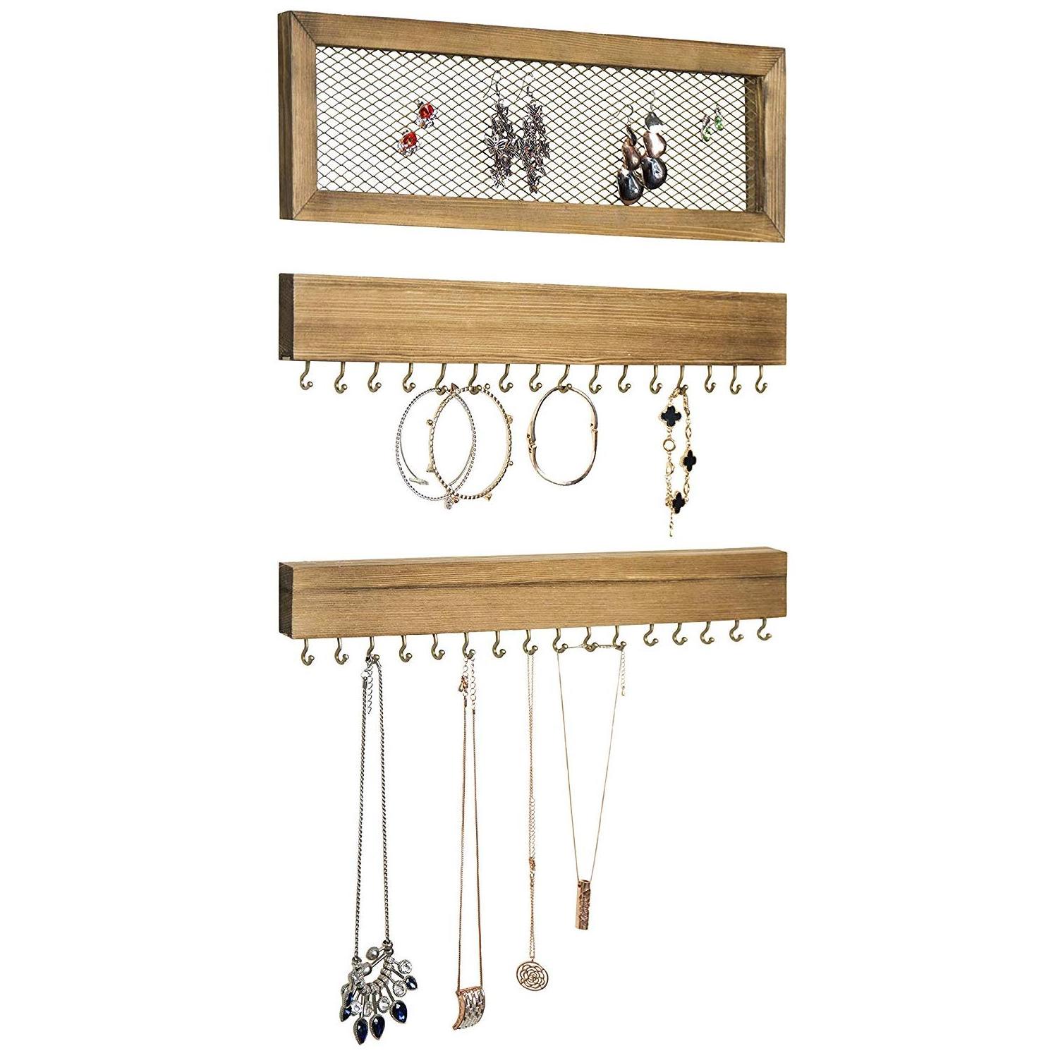 Wooden Wall-Mounted Jewelry Organizers with Mesh Earring Holder with hooks, Jewelry hangers for holding necklaces, bracelets