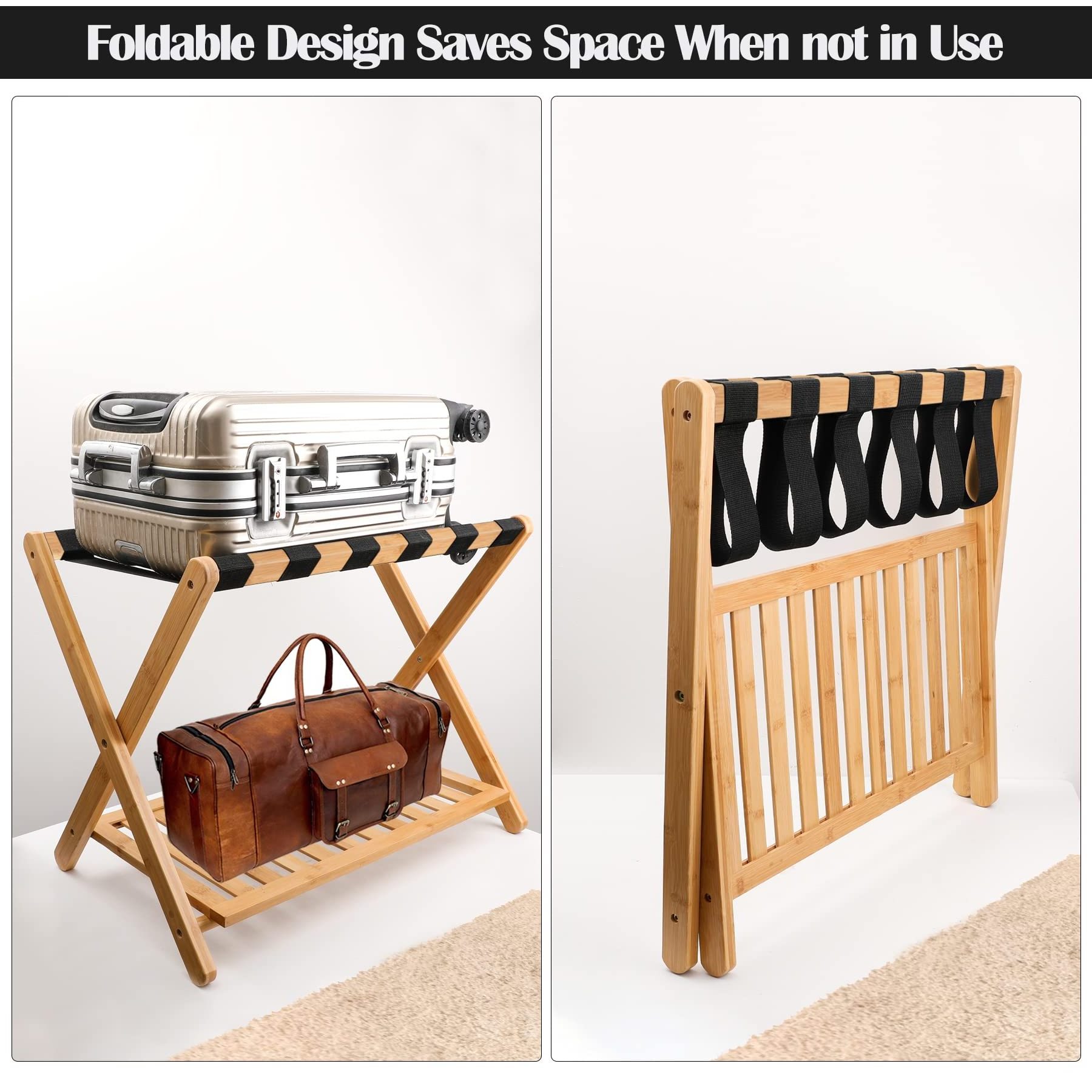 Fully Assembled Luggage Rack, Bamboo Folding Luggage Rack Suitcase Stand with Storage Shelf for Home Guest Room Bedroom Hotel