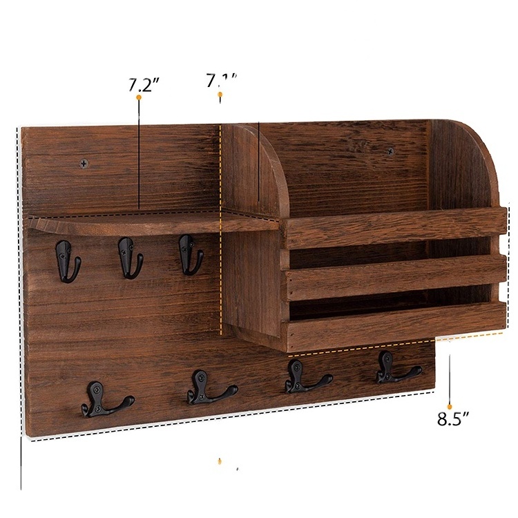 Wall Mounted Mail Holder Wooden Mail Sorter Organizer with 4 Double Key Hooks and A Floating Shelf Rustic Home Decor for Entry