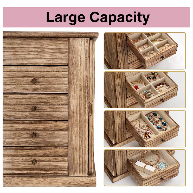 Custom 5 Layer Large Wood Jewelry Drawer Box Jewelry Case Ring Storage Box For Women Girls