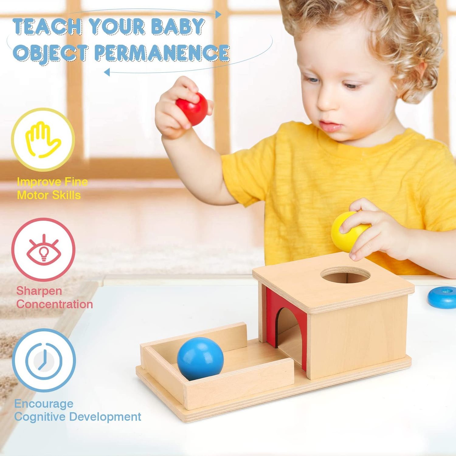 Object Permanence Box with Tray and 3 Balls Montesorri Toys 6-12 Months Ball Drop Toy Box Wooden Baby Montessori Toys