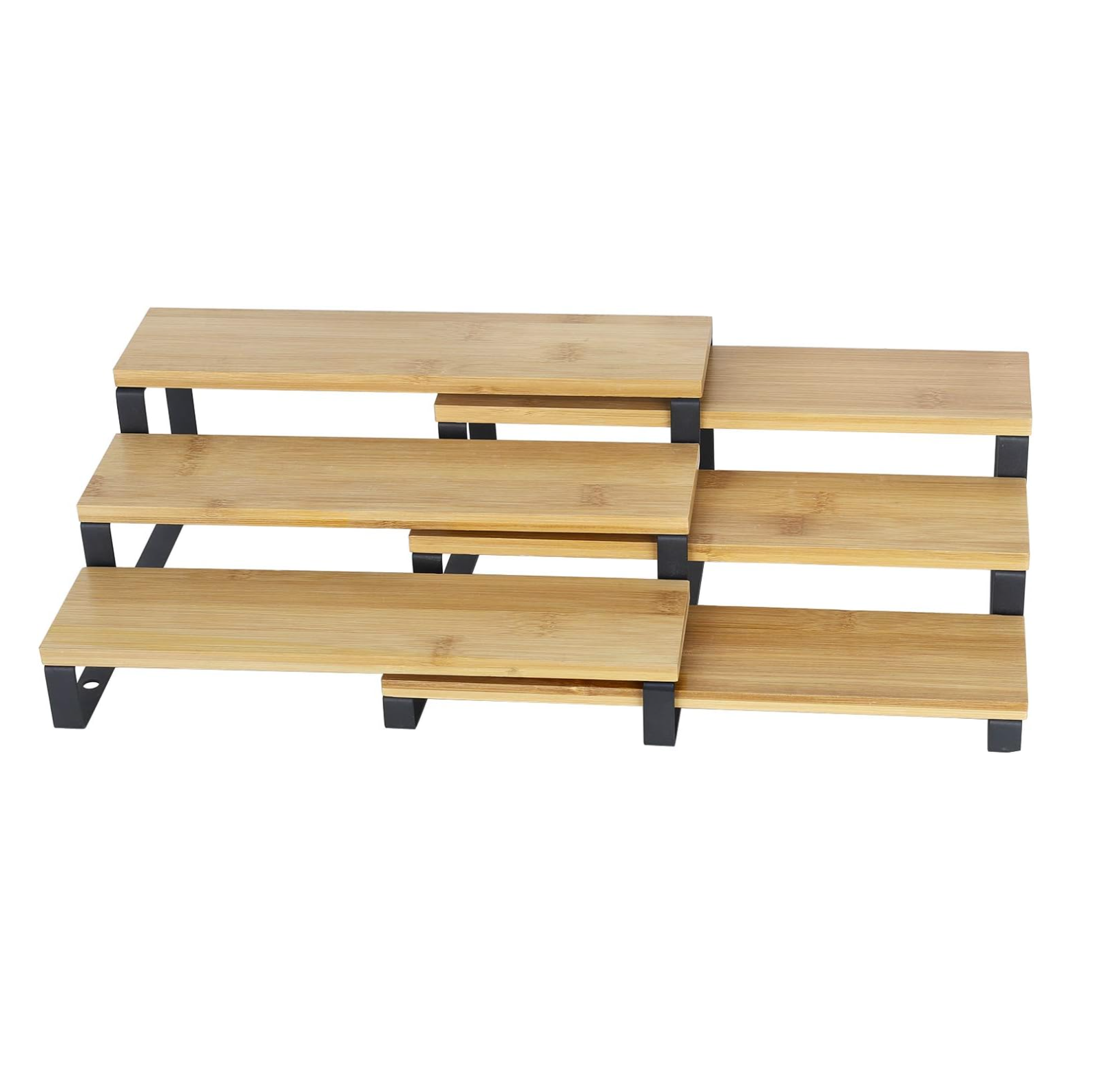 Set Of 2 Countertop 3 Tier Bamboo Expandable Step Display Shelf Spice Rack Organizer Kitchen For Cabinet